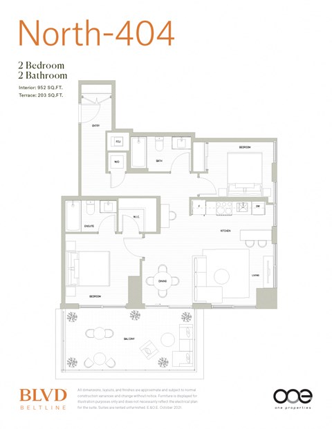 Floor plan for 2 beds, 2 baths, 952 sqft